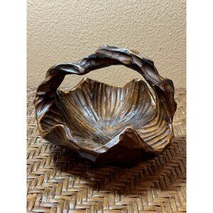 Burl Wooden Carved Decorative Bowl With Handle